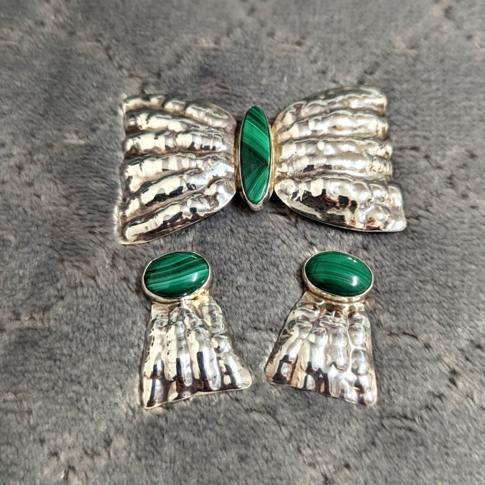 Vintage 70's Sterling Silver & Malachite Brooche w/ Earrings (plz read descrp)